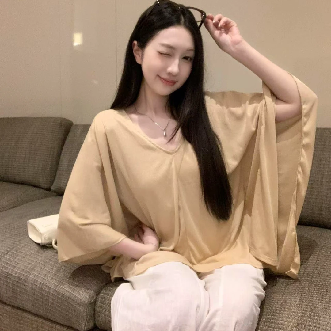 不规则V领蝙蝠袖防晒空调罩衫2025夏季新款韩系古早慵懒风上衣女