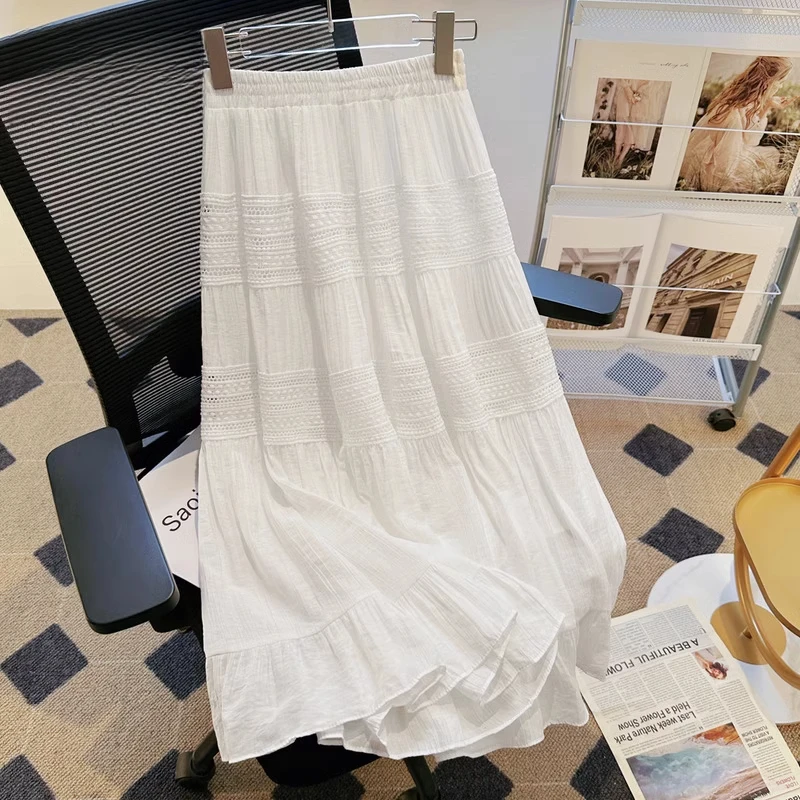 拉夏贝尔法式蕾丝高腰半身裙2025新款白色褶皱百搭显瘦夏季中长裙