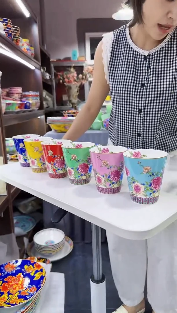 珐琅 牡丹花卉水杯6只装景德镇陶瓷