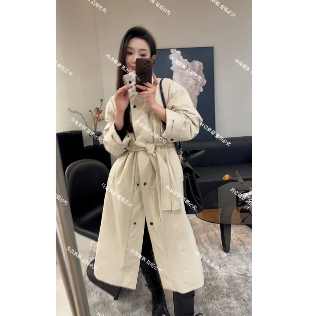 ZX6032宽松立领系带中长款棉服女2024秋冬新款时尚风衣外套