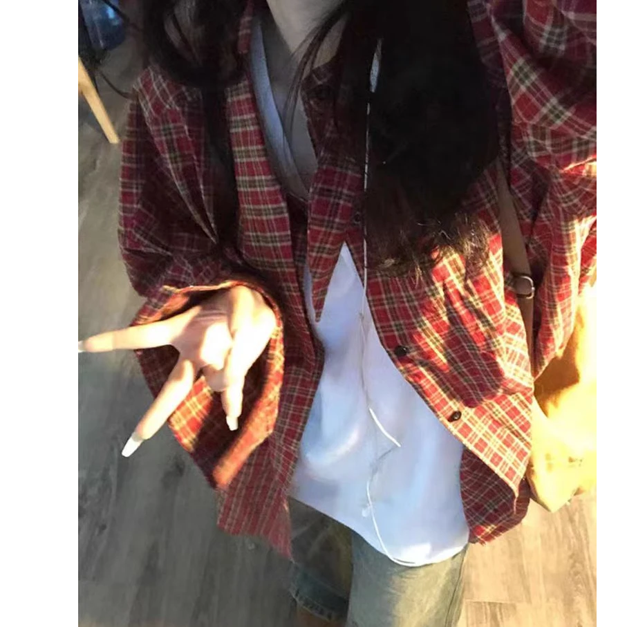 美式复古红色格子长袖衬衫女2025秋季上衣小个子慵懒风格纹外套