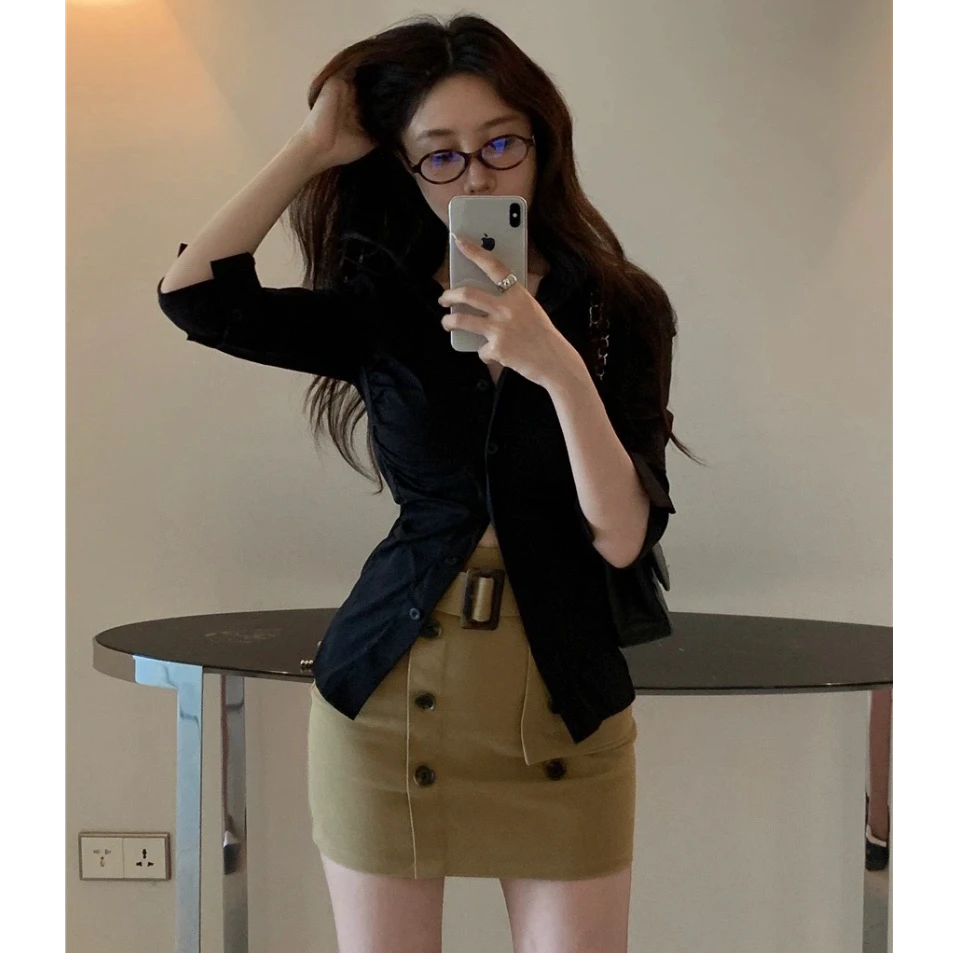 【鱼鲨鲨专属】高级气质卡其色纽扣包臀显瘦性感洋气衣服女夏日