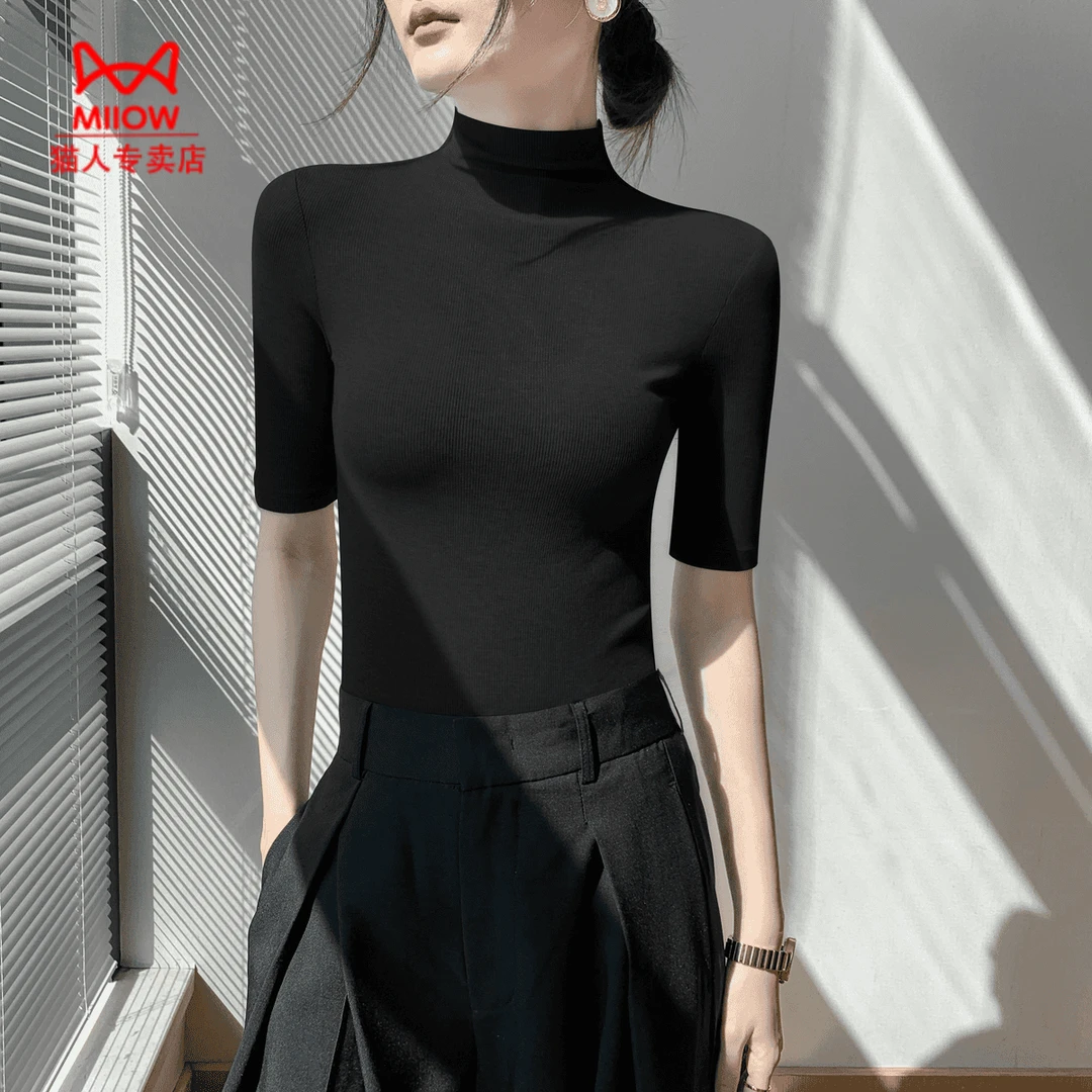 猫人半高领打底衫女士内搭2025新款早春螺纹弹力爆款中袖t恤上衣