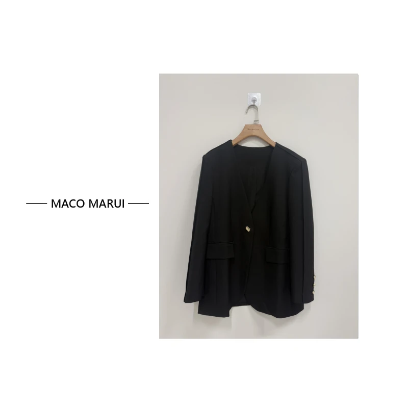 MACOMARUI韩版休闲时尚高级感无领小西服西装气质轻奢上衣黑色