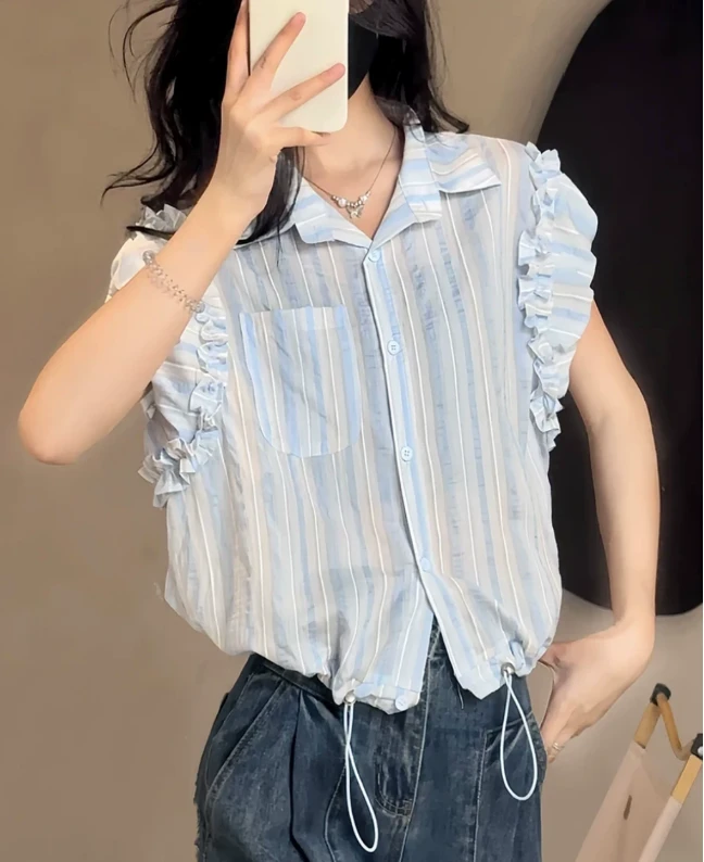 欧货2025夏季新款Polo领木耳边飞飞袖小衫减龄洋气衬衫女百搭上衣