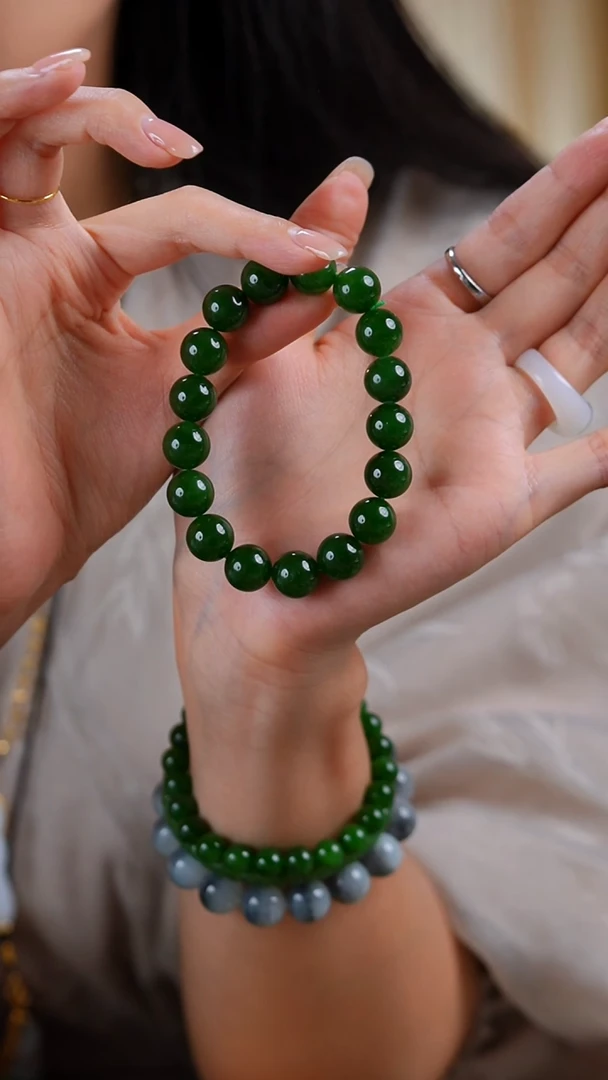 未镶嵌手链和田玉菠菜绿色手链12mm