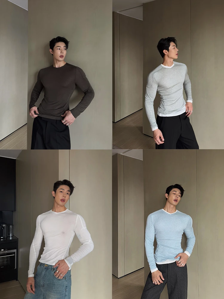 weave 黑/白/灰/蓝/绿多色修身羊毛混纺天丝针织打底长袖T恤时尚