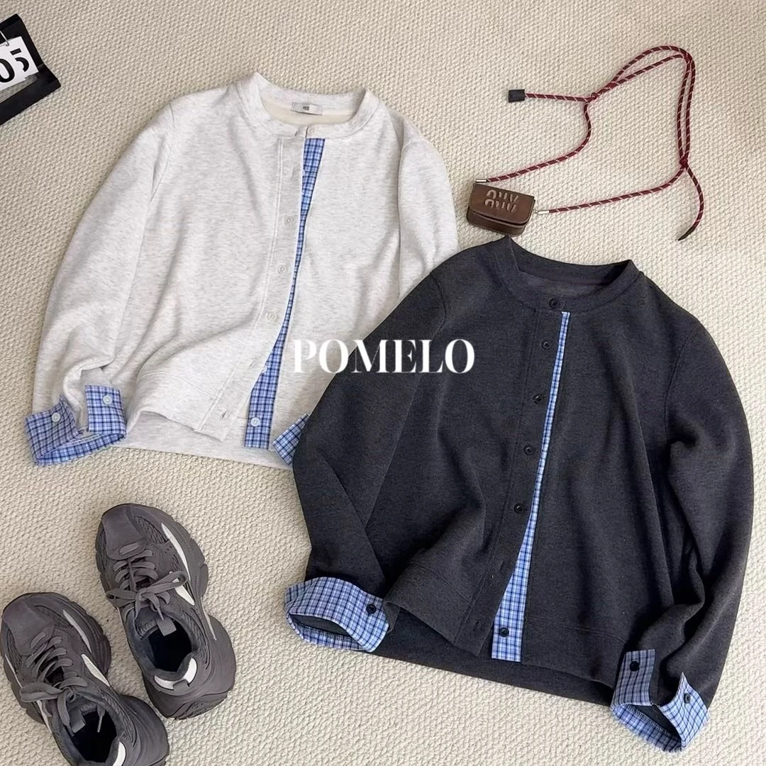 格子针织时尚韩版假两件拼接早春女款撞色格子假两件外套16128