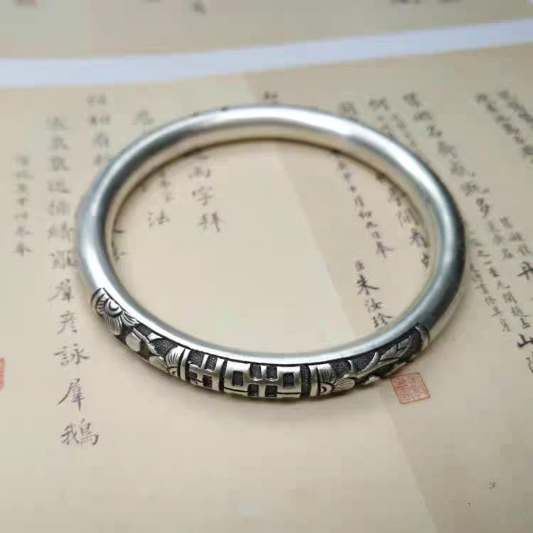 足银手镯 润土匠心【双喜梅花】手工定制纯银s999女手镯老银仿古