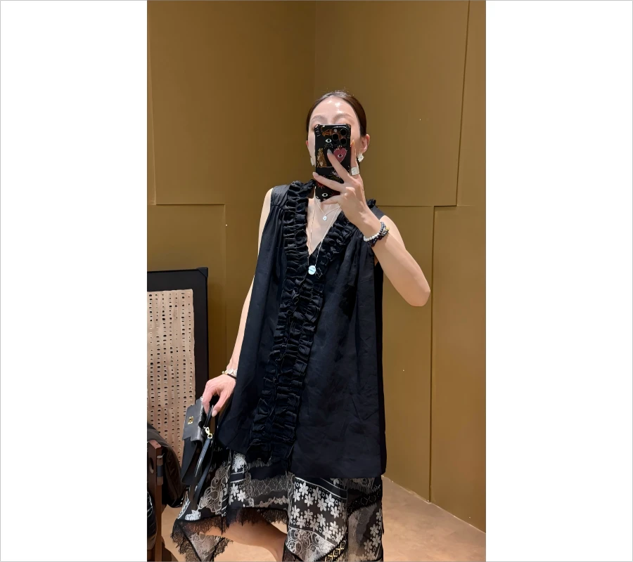 夏季纯亚麻复古花边气质设计感无袖背心上衣*25W5Y0025