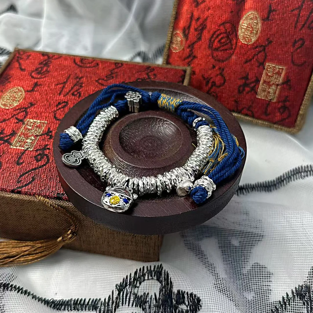 足银手镯 S171 叮当猫蓝盘缠手链手链经典百搭手工时尚复古
