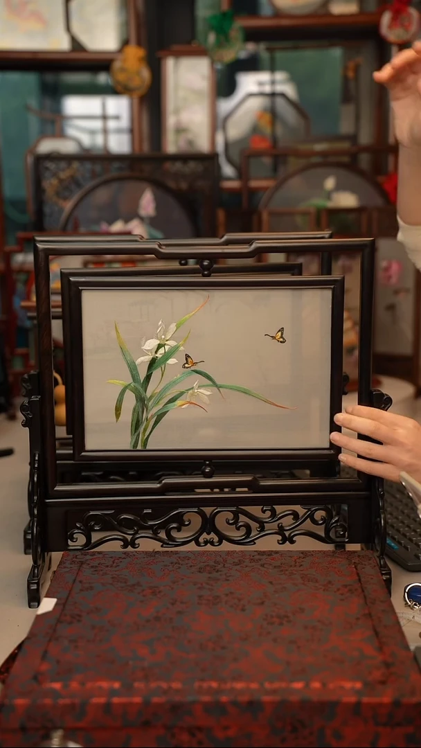 扇子古**行苏绣台屏 兰花