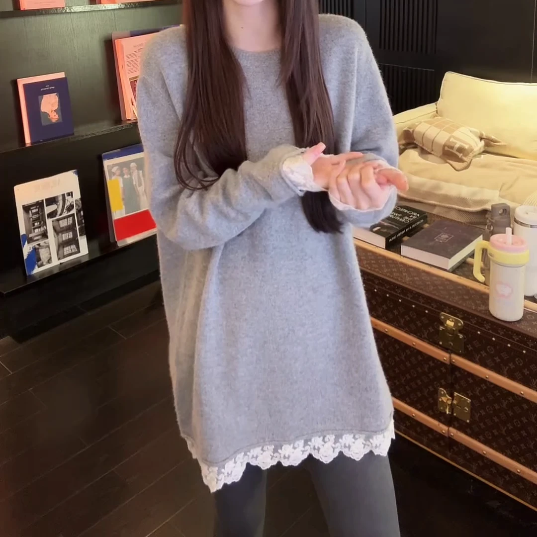 蕾丝拼接落肩袖中长款女长袖针织衫气质休闲宽松套头C6485