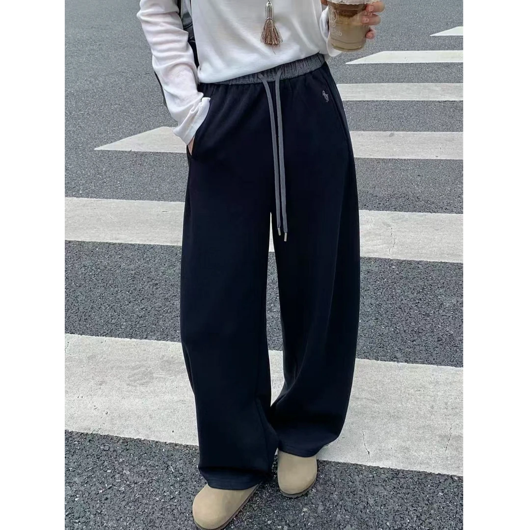 秋季潮牌小马刺绣运动拼色卫裤女宽松显瘦垂感阔腿裤百搭休闲长裤