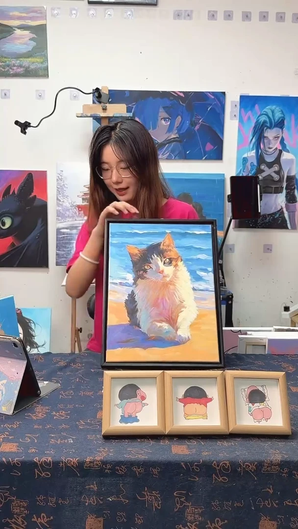 丙烯画初*沙滩猫丙烯画q