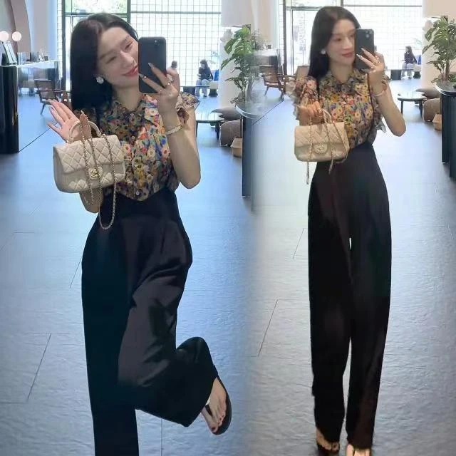 251#新款港风复古小飞袖碎花洋气上衣+窄版西装阔腿裤套装