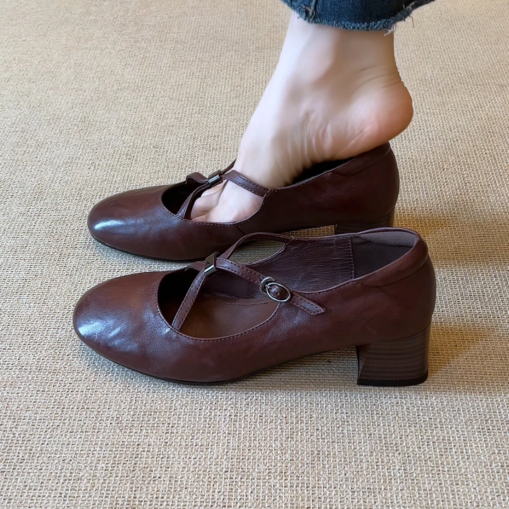 RubyL/4.5cm简约通勤复古风交叉扣带圆头粗跟浅口玛丽珍单鞋女款