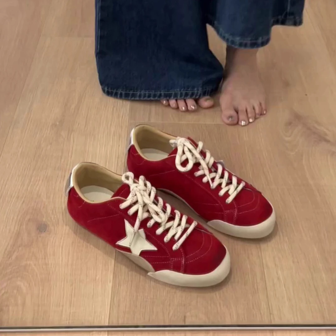 平底红色德训鞋女2025新款夏秋休闲运动做旧脏脏鞋星星板鞋阿甘鞋