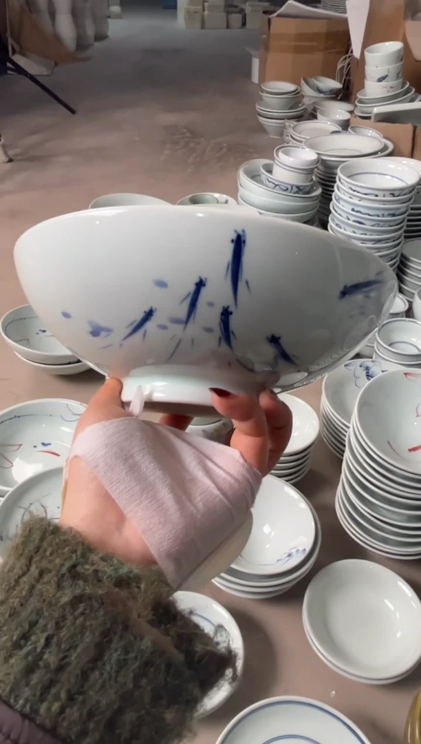 明舟微瑕手绘画鱼8.3寸面碗（2只装）