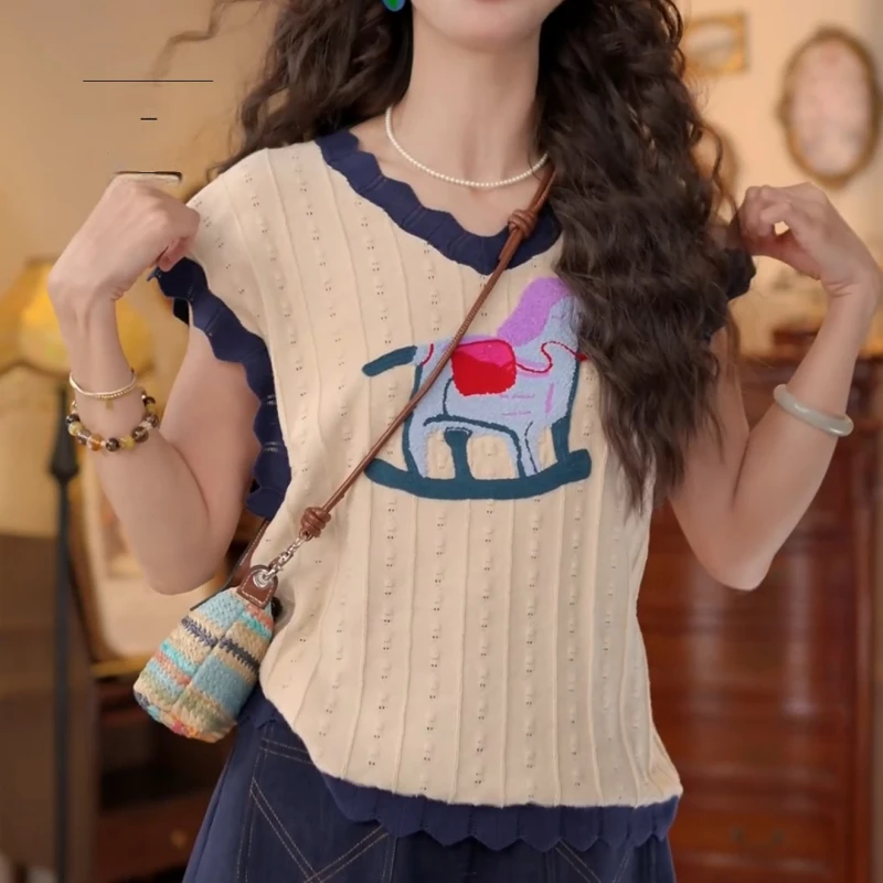 【摇曳木马】夏季港风复古刺绣短袖T恤休闲针织上衣LK2504021