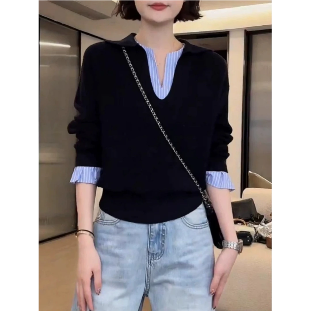 假两件撞色拼接条纹针织衫女大码早春新款设计感宽松V领长袖上衣