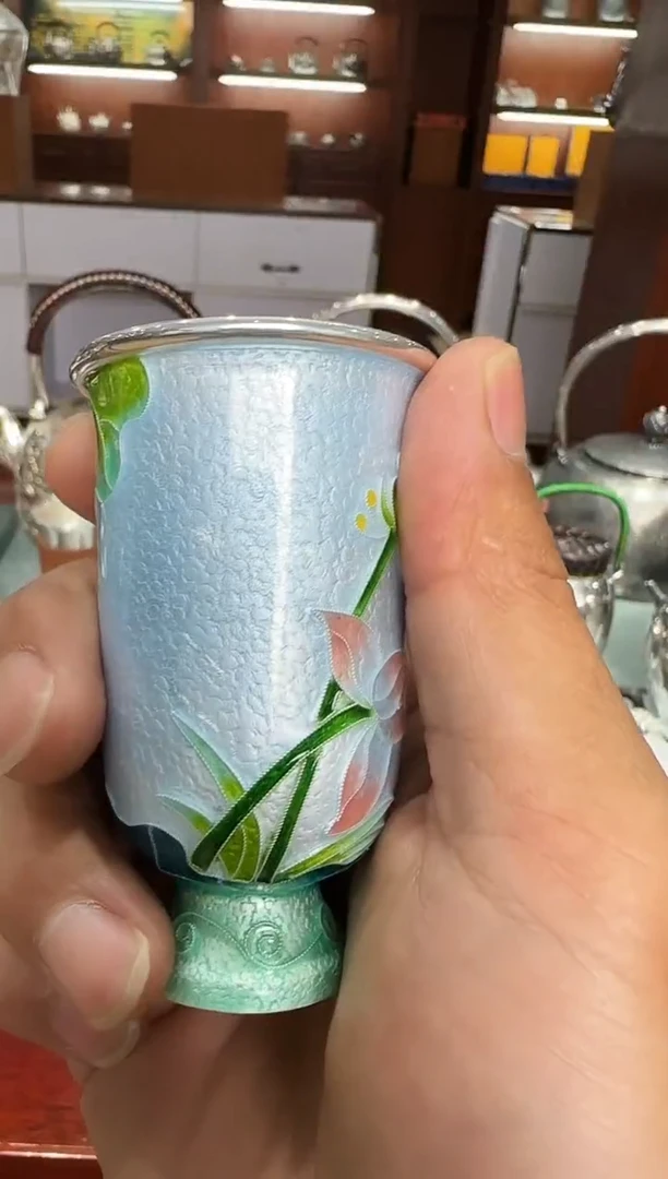 足银999精工手工景泰蓝荷花高升主人杯