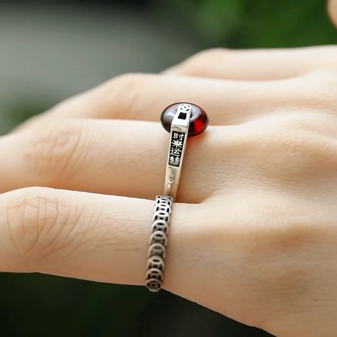 时来运转戒指女小众设计铜钱复古国风新中式做旧食指戒气质时尚款