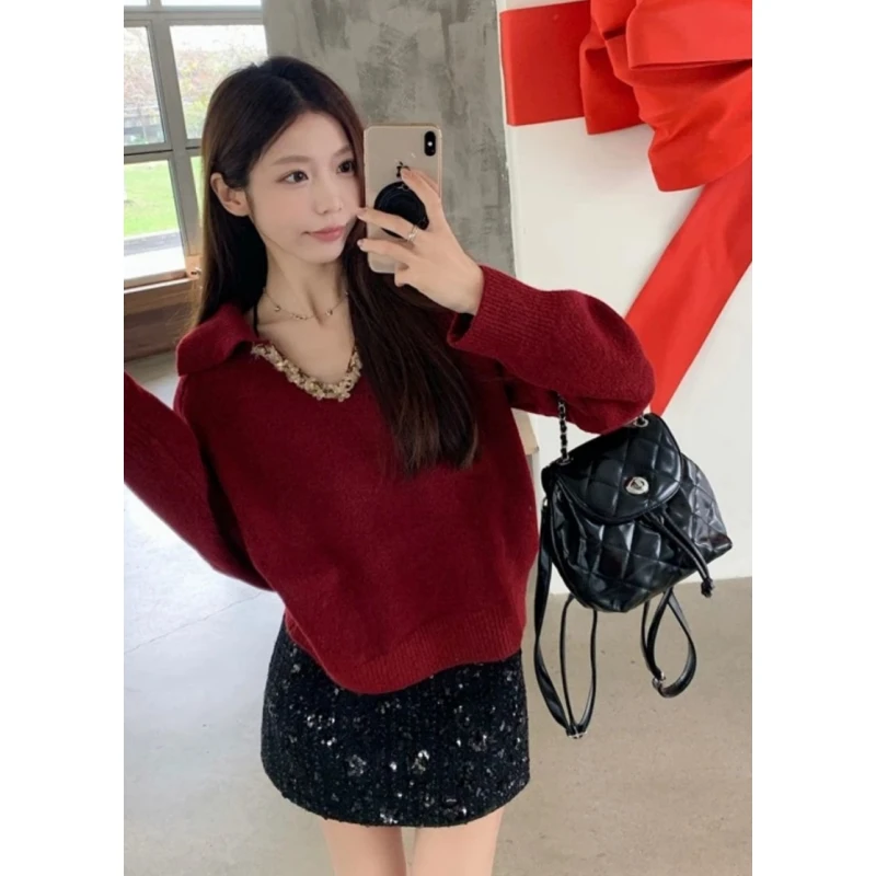 BOLUO秋冬高级感翻领长袖针织毛衣女新款慵懒红色宽松重工V领上衣