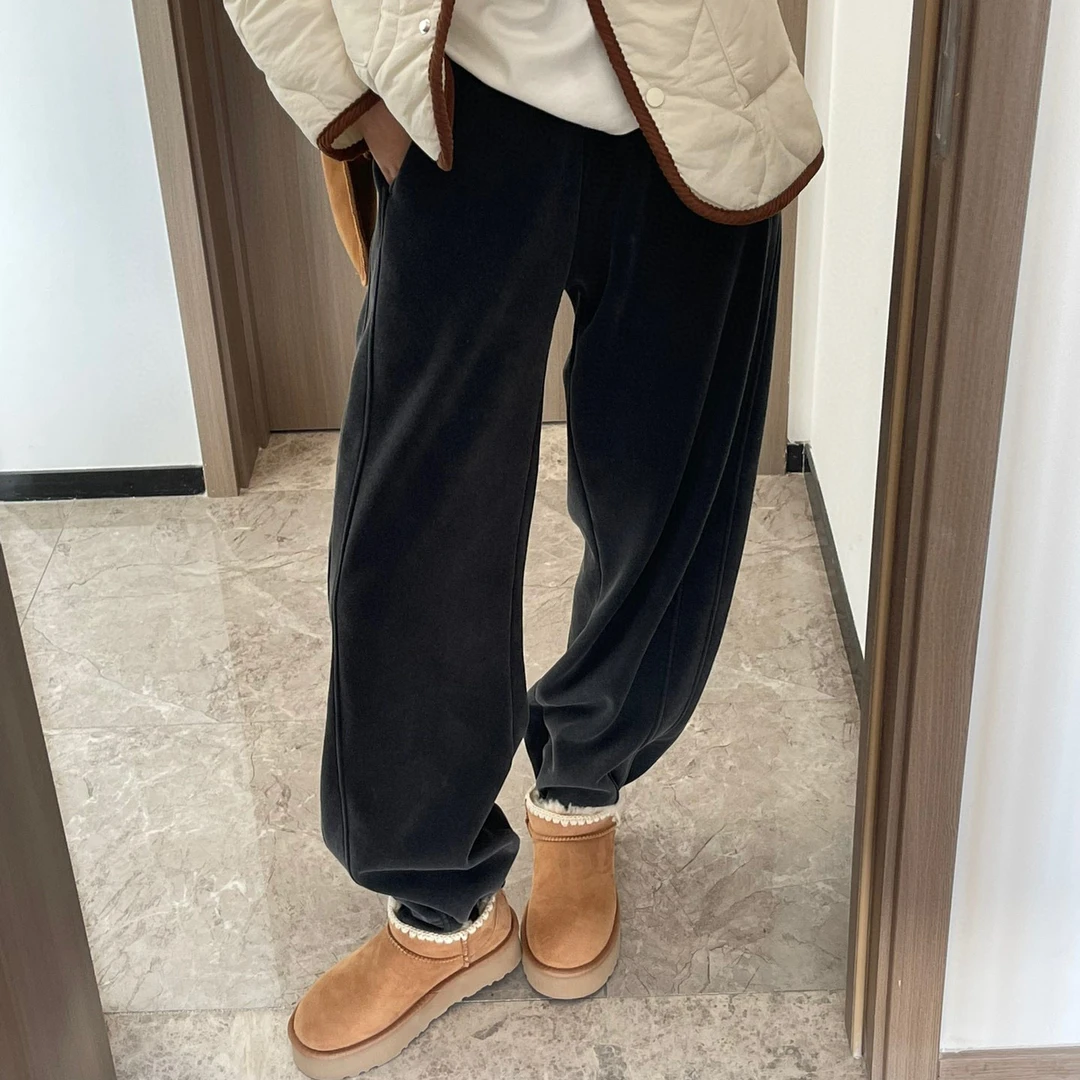 【黑雯服饰】冬季加绒高腰阔腿休闲裤女水洗弧形侧缝弯刀裤