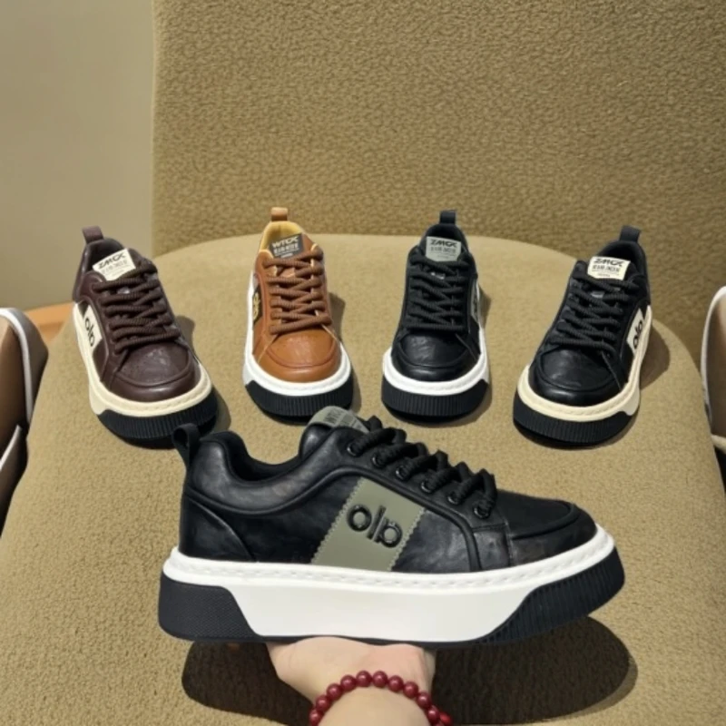 秋季油蜡皮拼接设计板鞋厚底时尚休闲鞋百搭拼色潮流小众复古男鞋