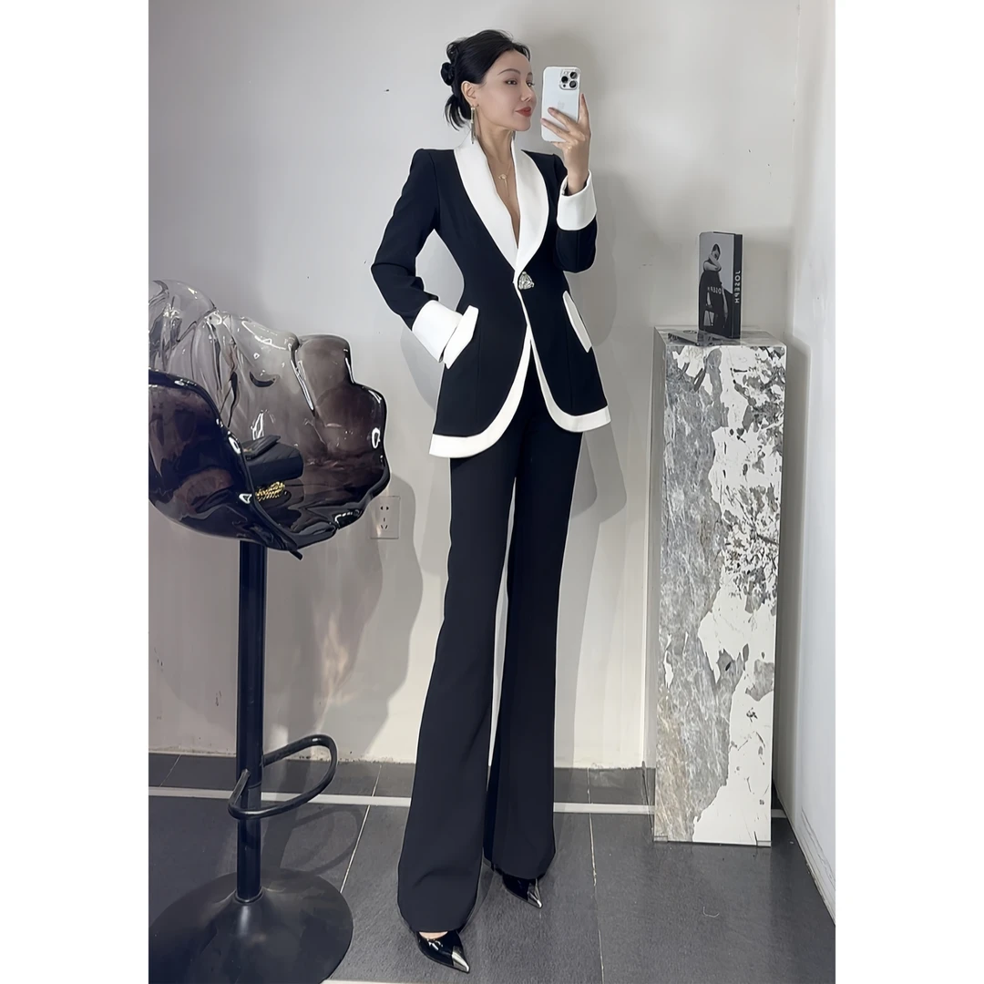 ZEROYK职业套装女2025春夏新款高级感黑白撞色修身西装长裤两件套