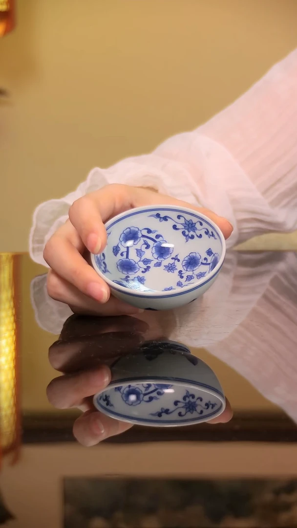 青花蕉叶一口杯纯手绘陶瓷