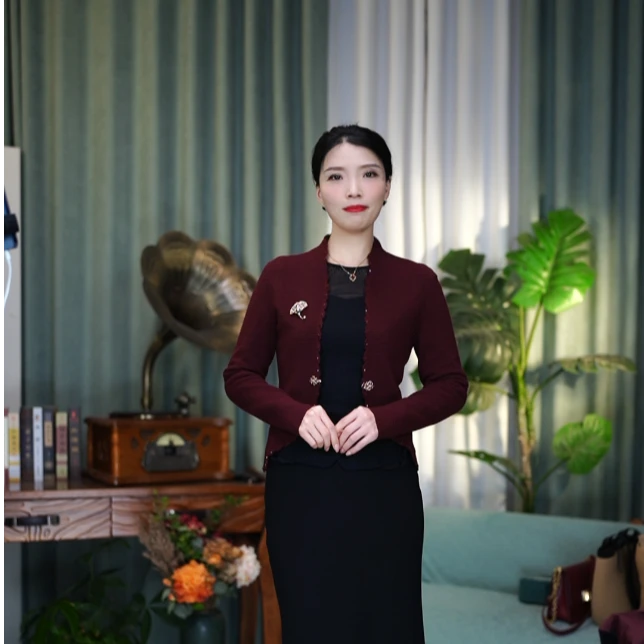 【芭蕾舞衫】SUSSI/古色中国风新品酒红色芽花领针织短款毛衣外套