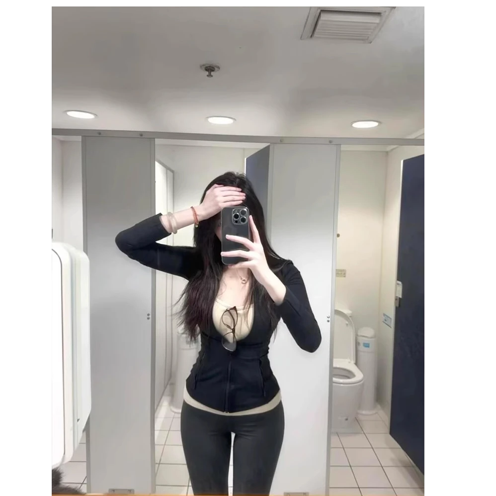 黑色修身瑜伽上衣运动外套女秋2025新款气质紧身收腰立领防晒衣