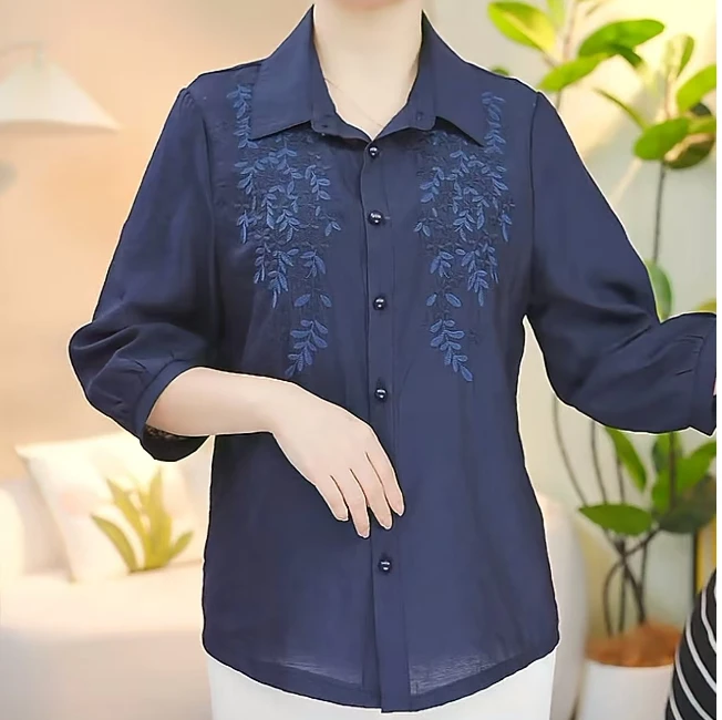 2025夏季新款七分袖薄款刺绣气质显瘦时尚宽松上衣