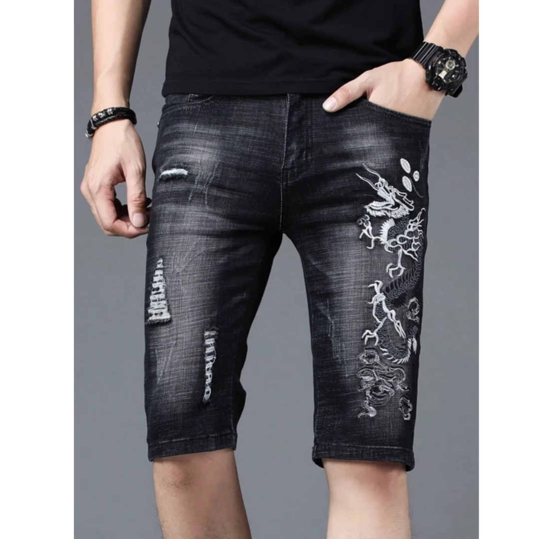 夏季薄款破洞刺绣牛仔短裤男士五分裤子个性潮牌绣花5分休闲中裤