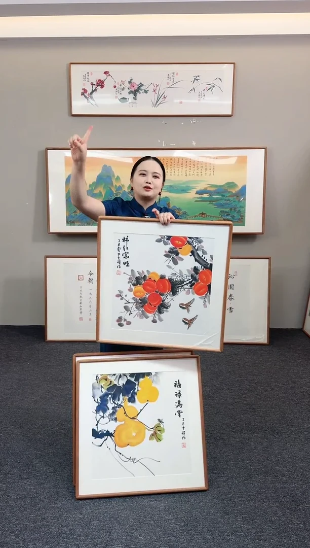 国画柿子60*60手绘作品*随发*带框