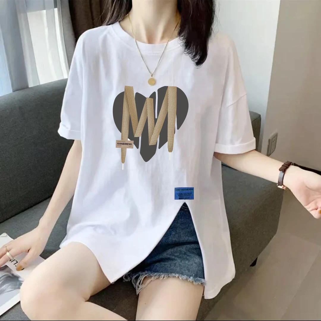 100%纯棉夏季设计一侧开叉宽松短袖t恤女百搭大码透气女装上衣潮