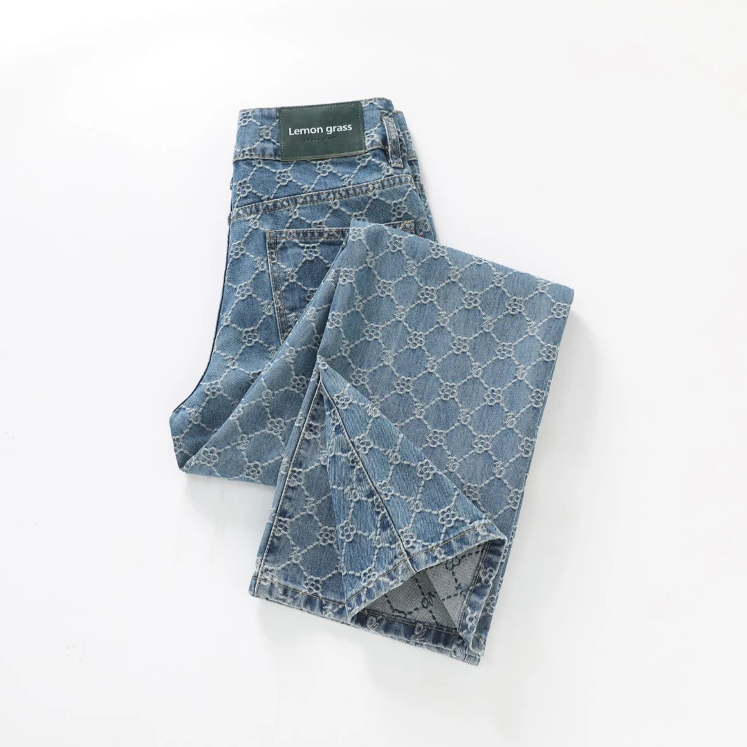 2025春季新款高腰显瘦窄版直筒牛仔裤提花设计感女裤