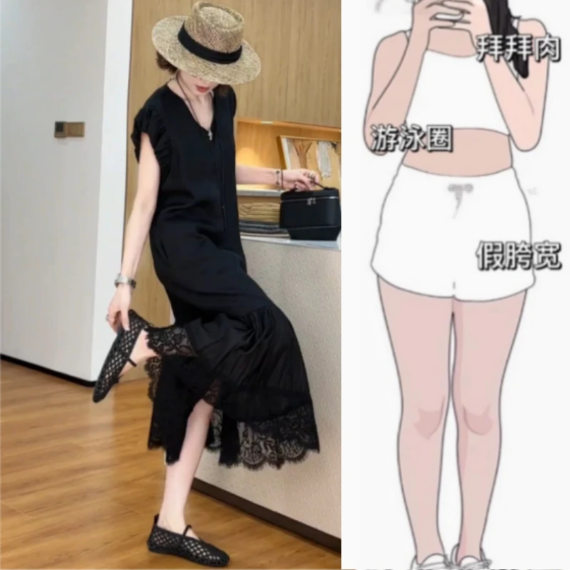 夏季薄款新款静奢慵懒风休闲蕾丝拼接花边后背蝴蝶结设计感连衣裙