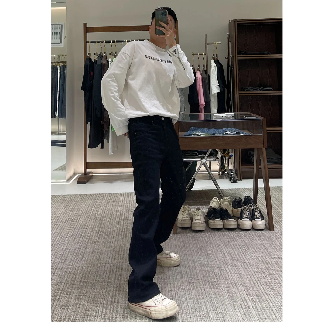 TKTHEKING/3137男士显瘦百搭黑色直筒微喇系列牛仔裤高街款式