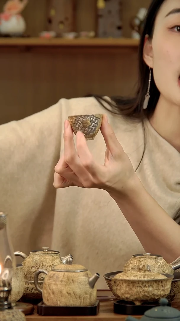 言野手作 粉引仿古藤编银杯