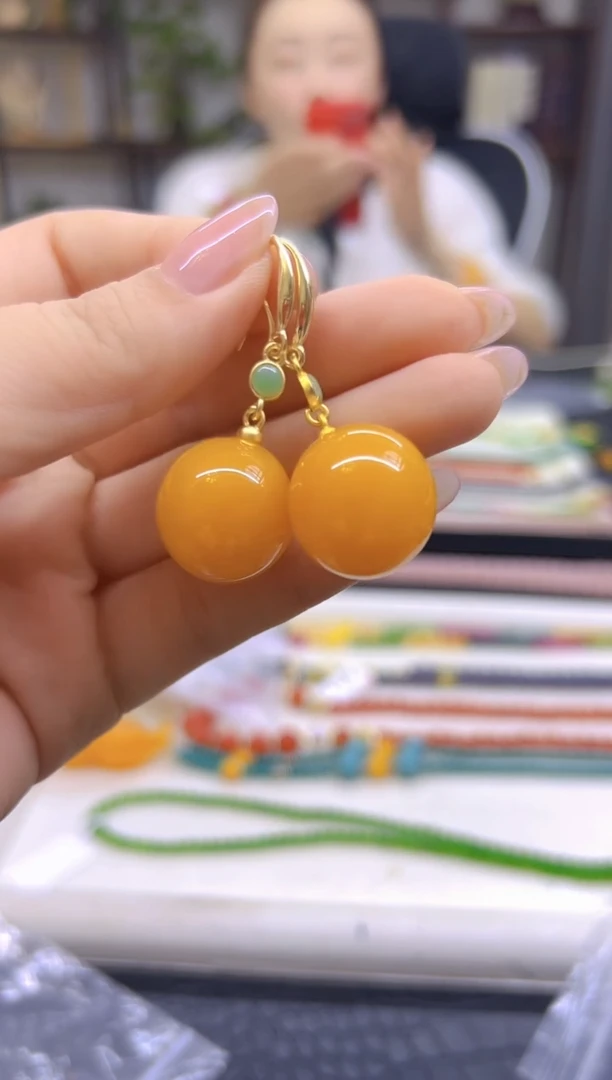 蜜蜡14K金镶嵌耳饰DIY款E893
