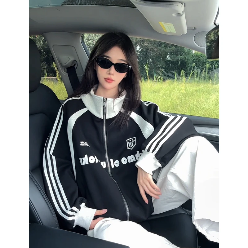 美式潮牌开衫卫衣男女秋季拼接撞色立领棒球服外套学院风情侣外套