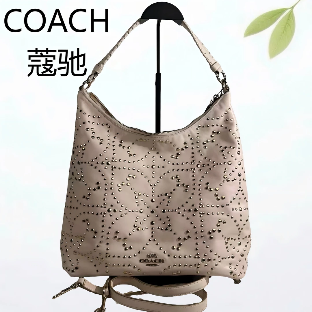 95新 COACH/蔻驰 白金铆钉手提单肩斜挎包G25804597底长30X26