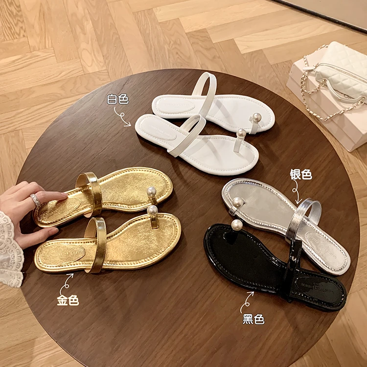 【sheii苏茵茵】小灯泡~珍珠套趾一字带平底沙滩拖鞋女凉拖E5214022