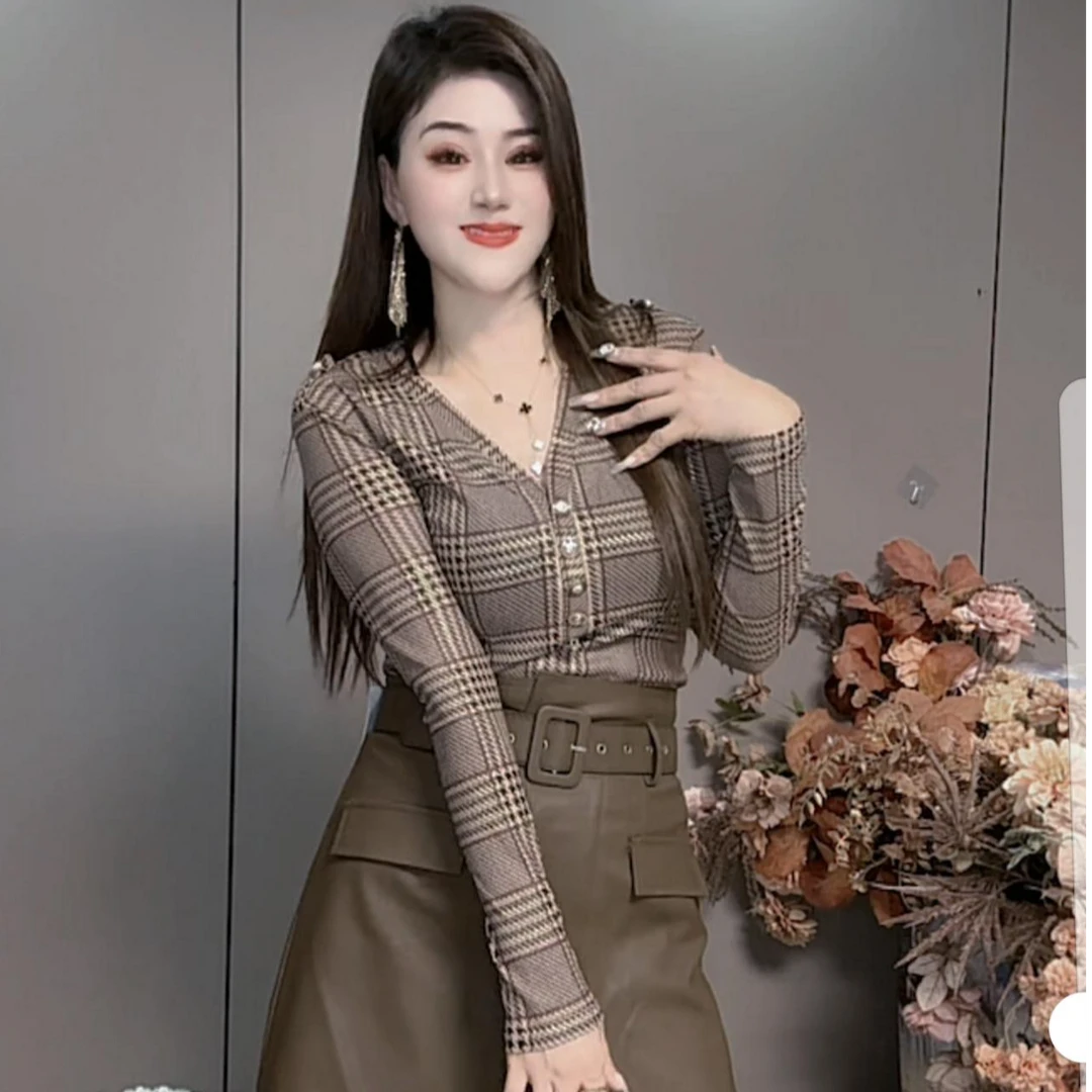 张887新网红爆款洋气格子T恤女秋冬新款时尚修身显瘦百搭减龄上衣