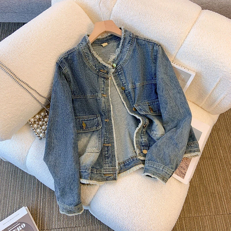 复古牛仔服2025秋装新款女装时尚毛边港风宽松款短款单排扣外套