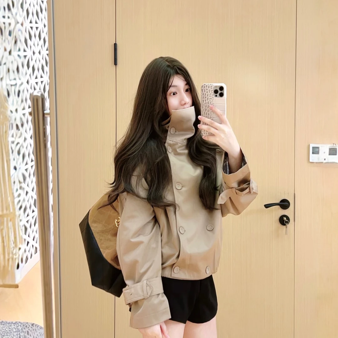 韩系早秋穿搭双排扣大廓形风衣外套女2025新款小个子短款立领大衣