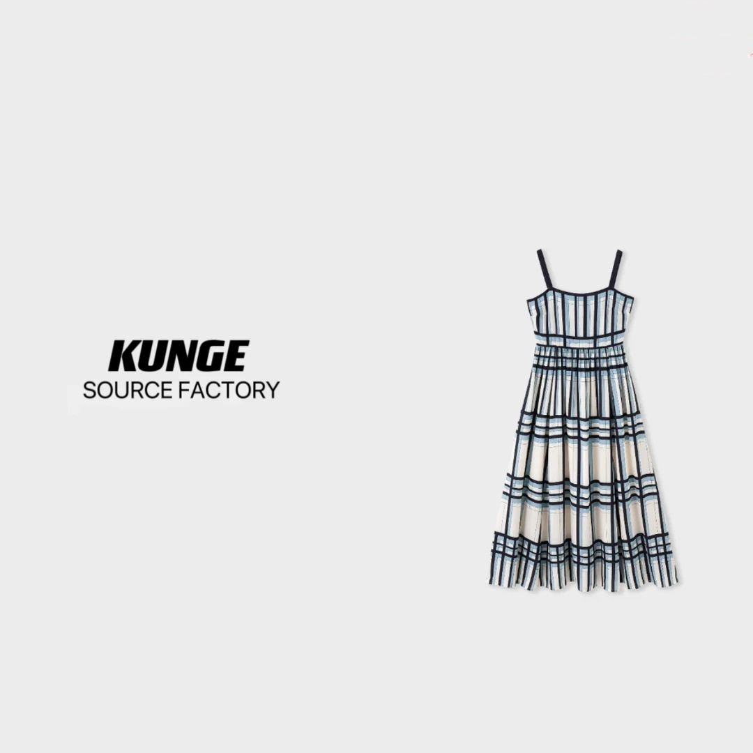 KUNGE-夏季时尚气质湖蓝色格纹度假风吊带女装裙-8082